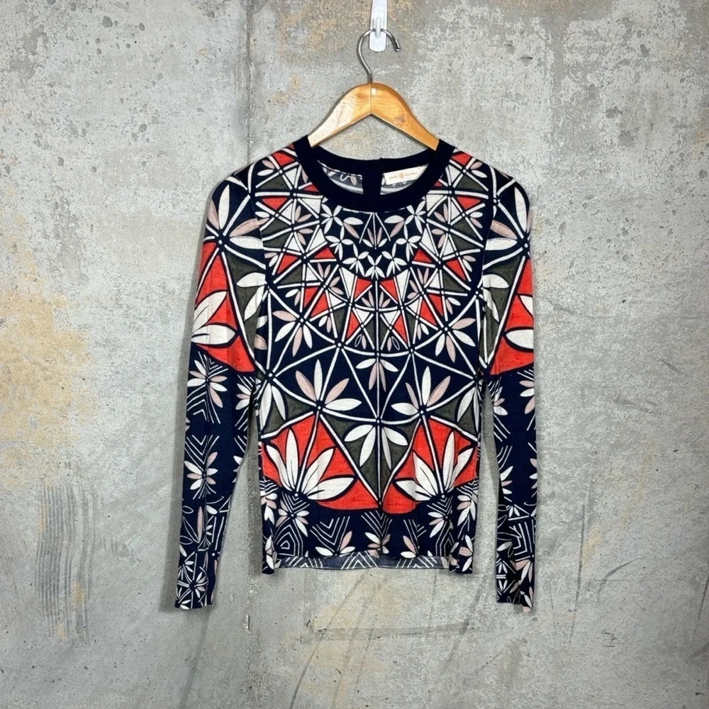 Tory Burch Floral Print Merino Wool Sweater Women’s Sz Small Lightweight